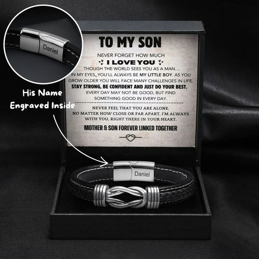 “To My Son” – Infinite Knot Bracelet With Engraved Name