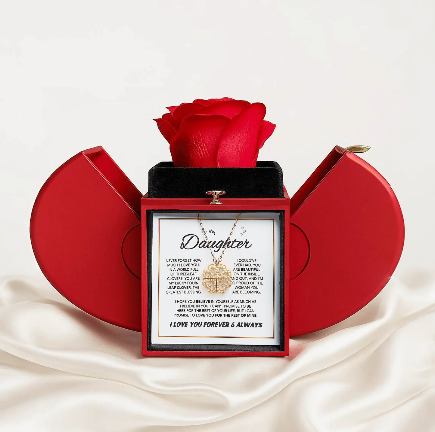 Daughter's 4-Leaf Clover "Lucky Charm" Necklace and Forever Rose Gift Box