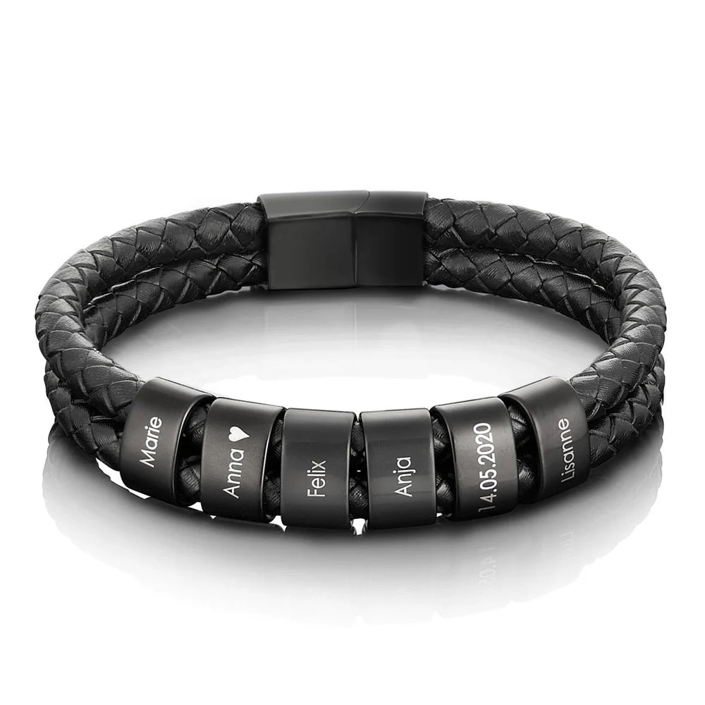Leather Bracelet with Engraved Beads