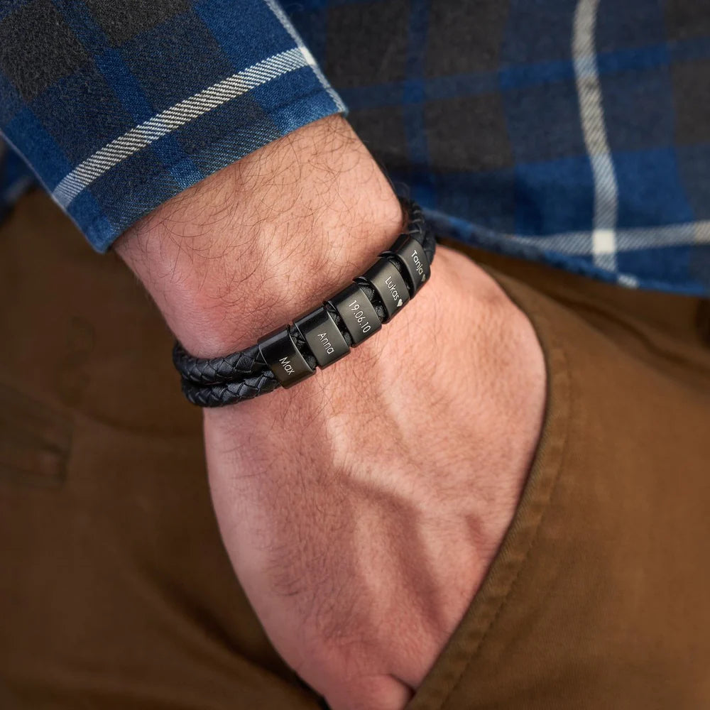 Leather Bracelet with Engraved Beads